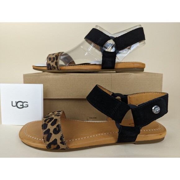 UGG Rynell Leopard Flat Sandals Womens 6M Black Leopard Ankle Strap Shoes NWB - Picture 2 of 13